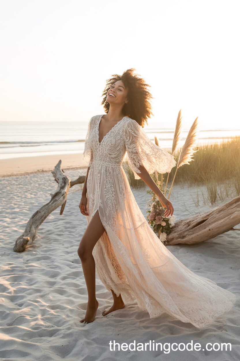 Ultra-Romantic Lace Beach Wedding Dress With Fluttering Sleeves
