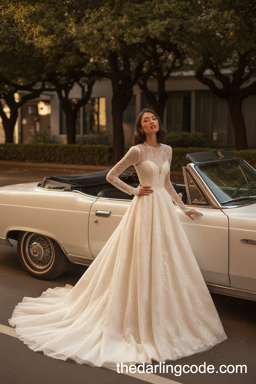 Retro-Inspired Long Sleeve Lace Wedding Gown