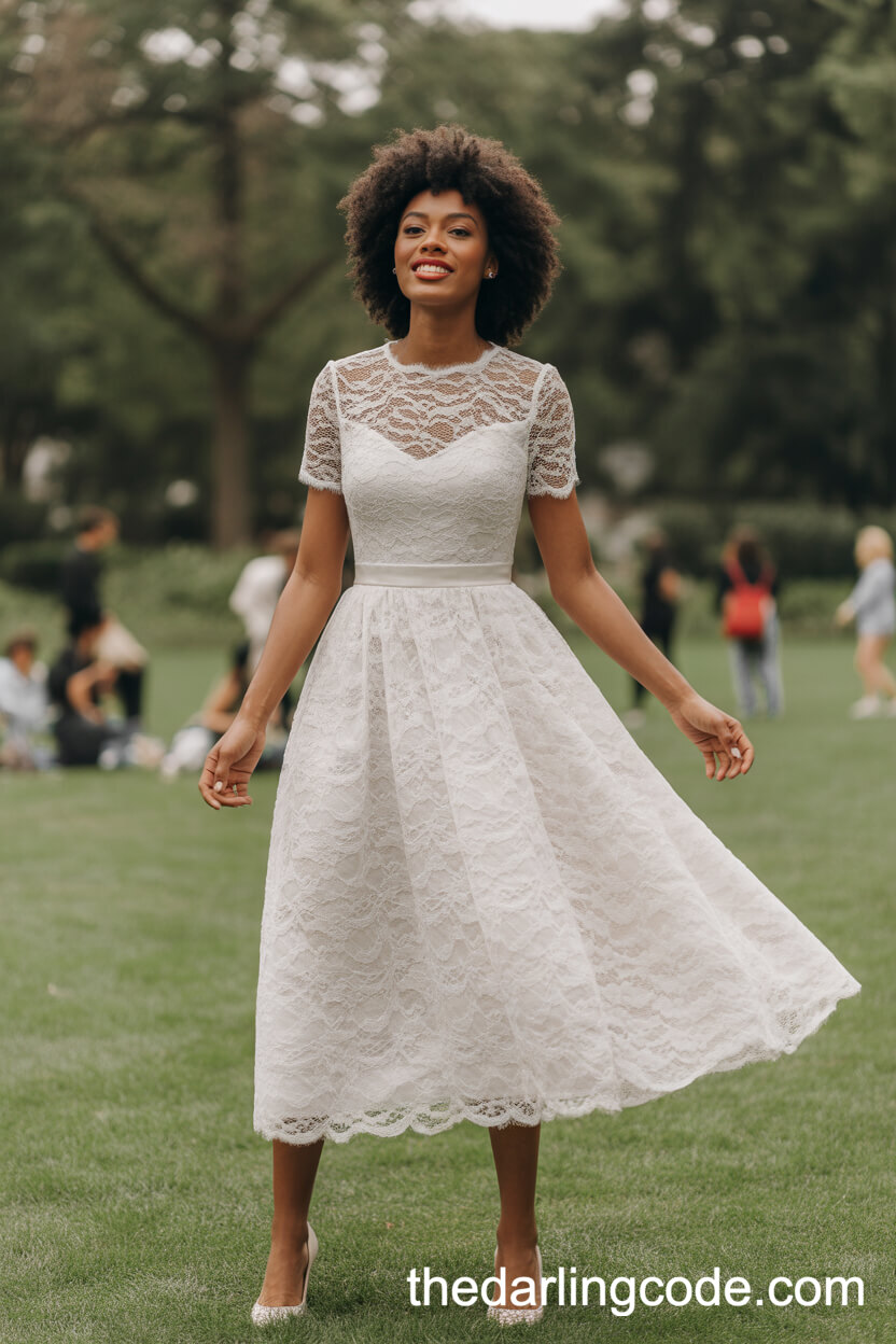 Playful Tea-Length Lace Wedding Dress