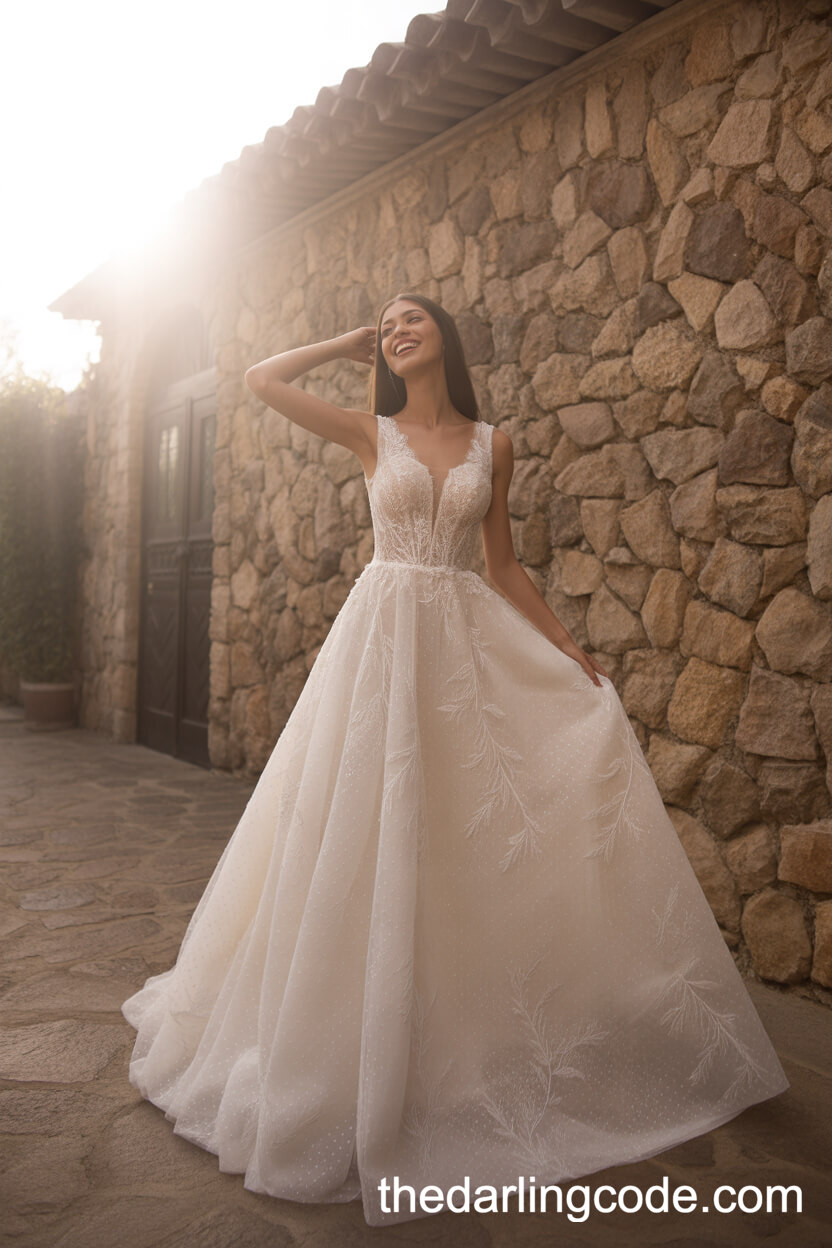 V-Neck Lace Wedding Gown With Illusion Mesh