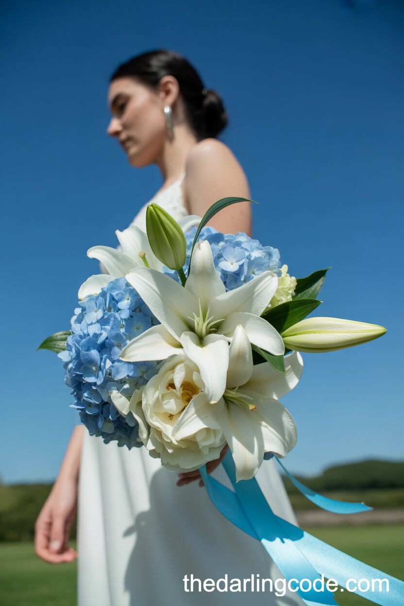 White Lilies And Blue Hydrangea Sky-Inspired Bouquet