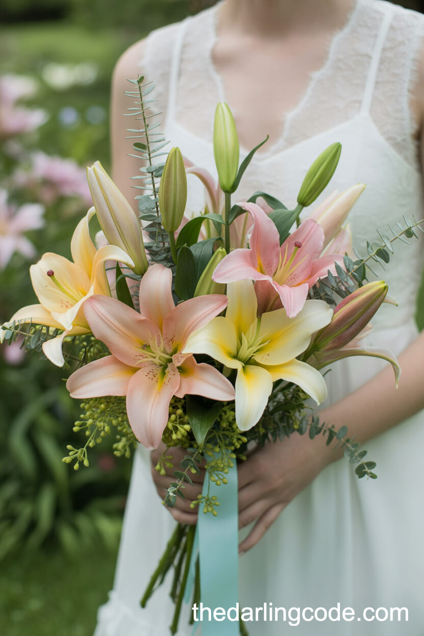 Pastel Lily And Foliage Spring Garden Bouquet