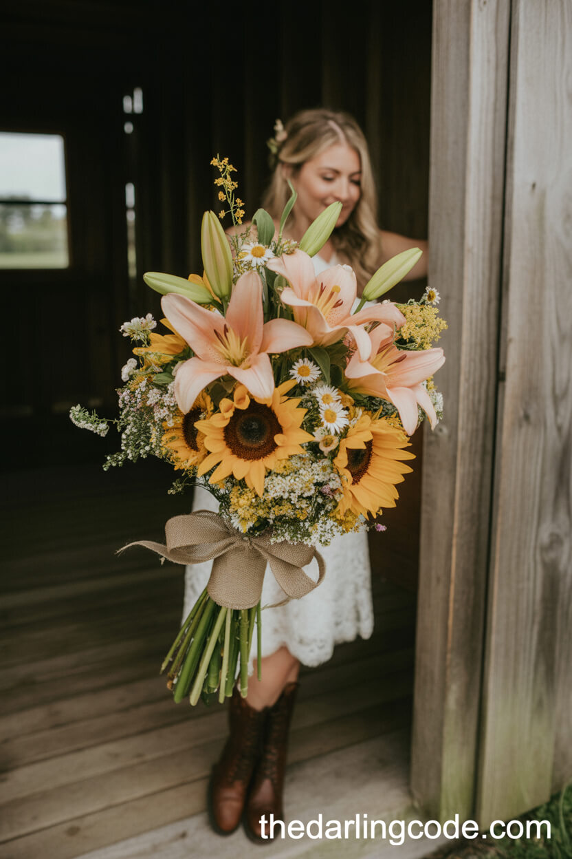 Peach Lily And Sunflower Rustic Barn Bouquet