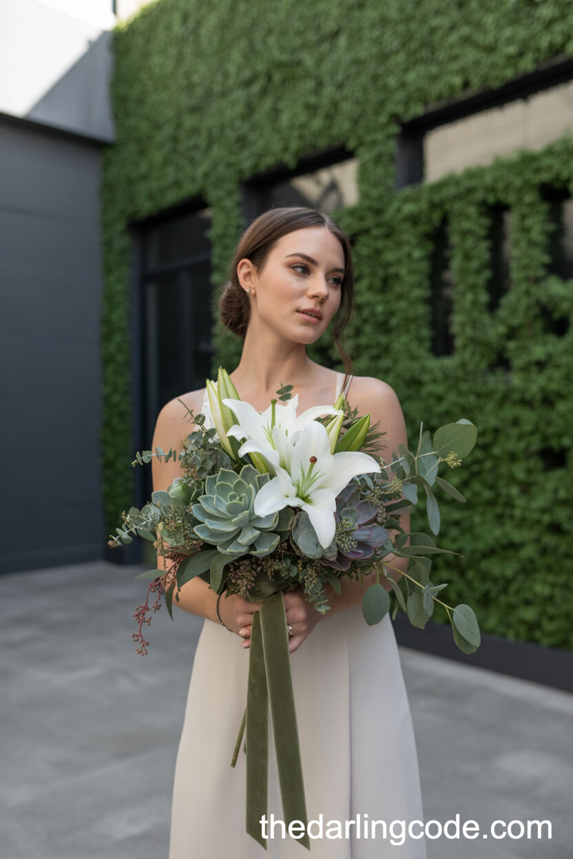 White Lily And Succulent Urban Courtyard Bouquet