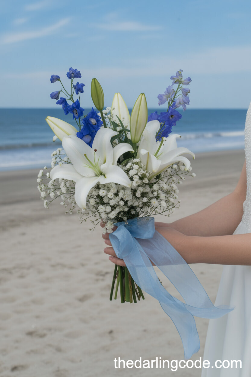 White Lilies And Blue Delphiniums Coastal Bouquet