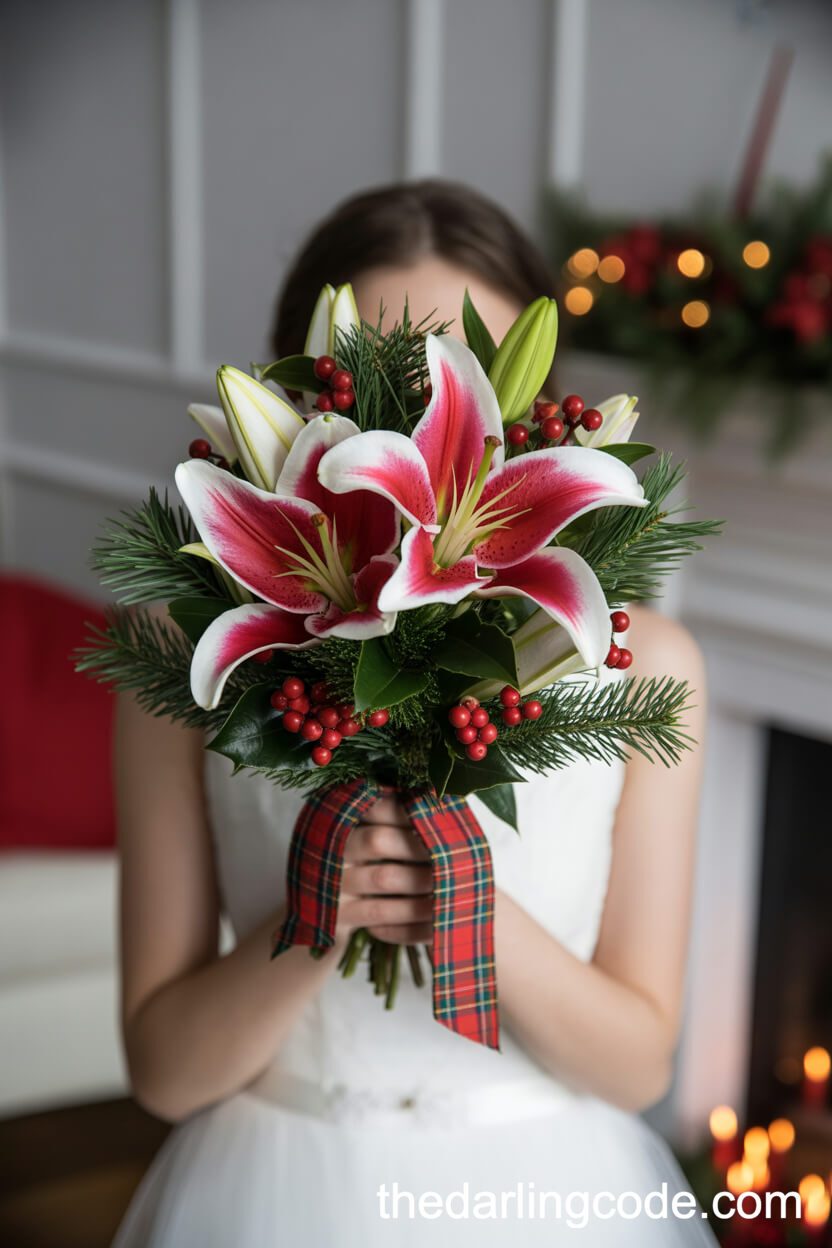 Red And White Lily Festive Holiday Bouquet