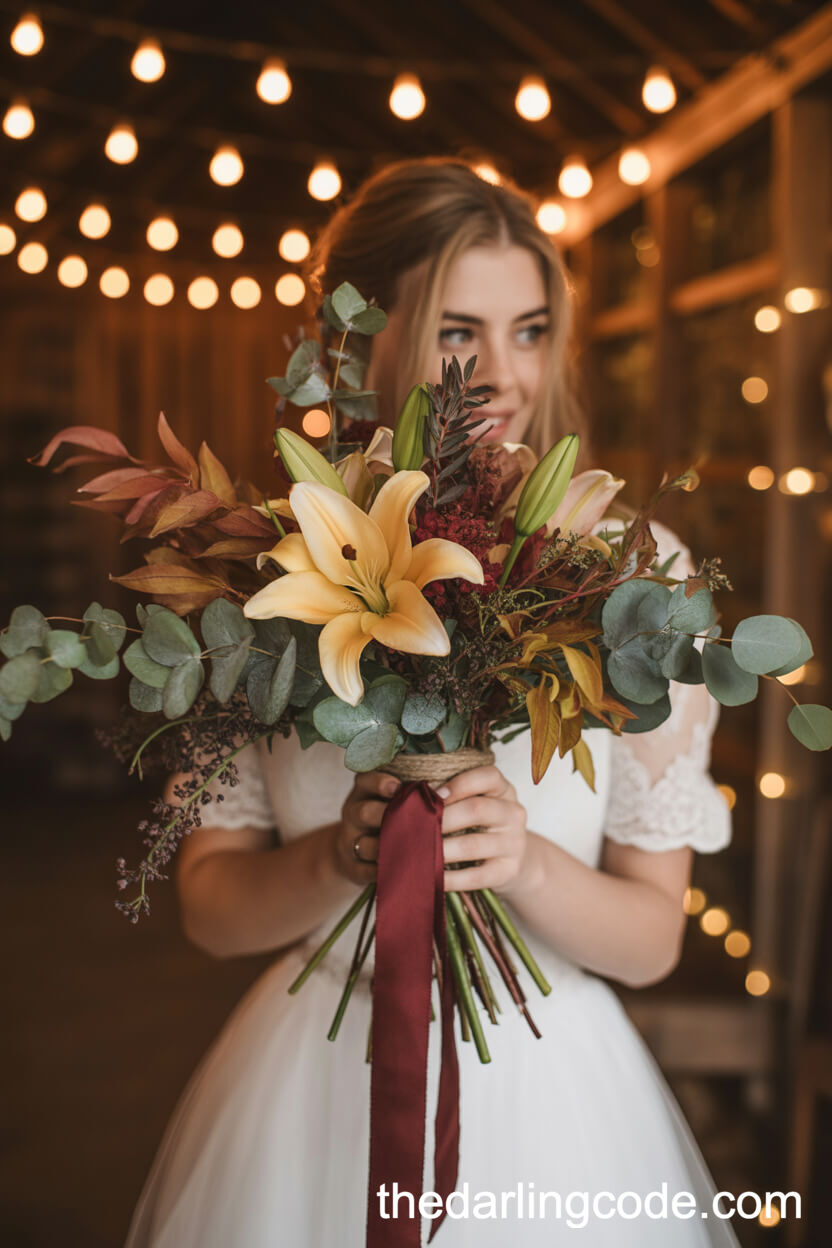 Golden Asiatic Lily And Autumn Leaves Rustic Bouquet