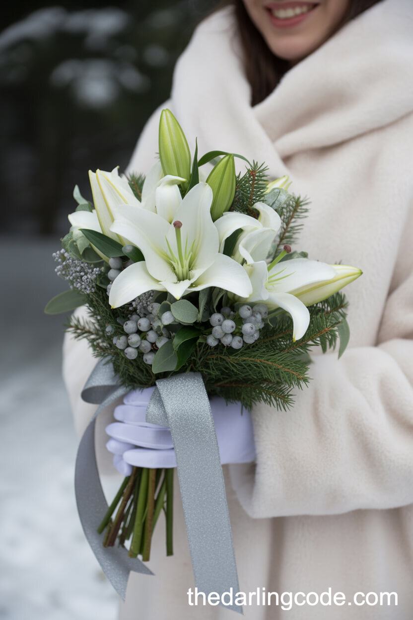 White Lilies And Silver Winter Wonderland Bouquet