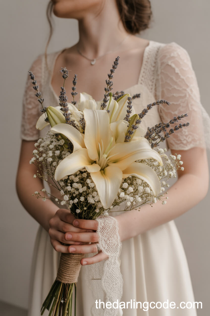 Cream Lily And Dried Lavender Vintage Bouquet