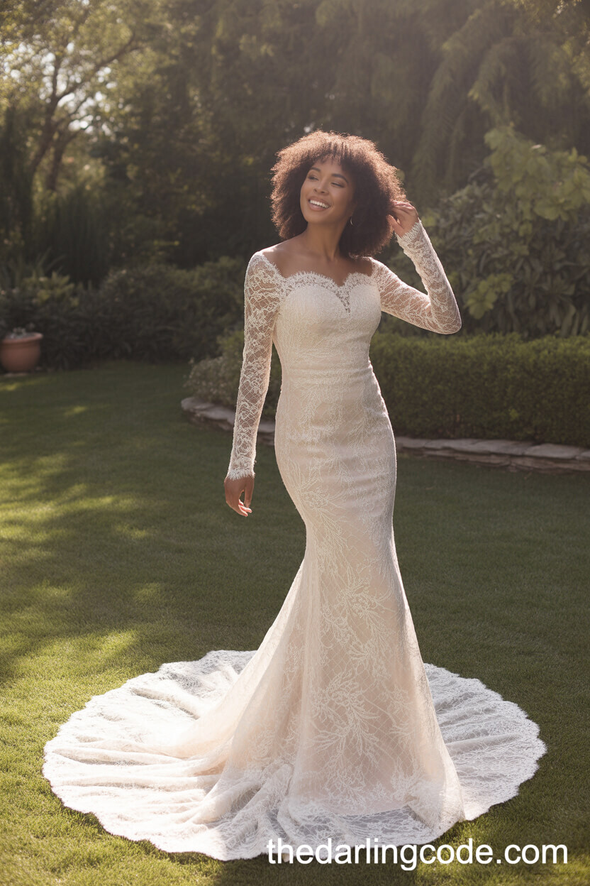 Fitted Lace Long Sleeve Wedding Dress With Sweeping Train