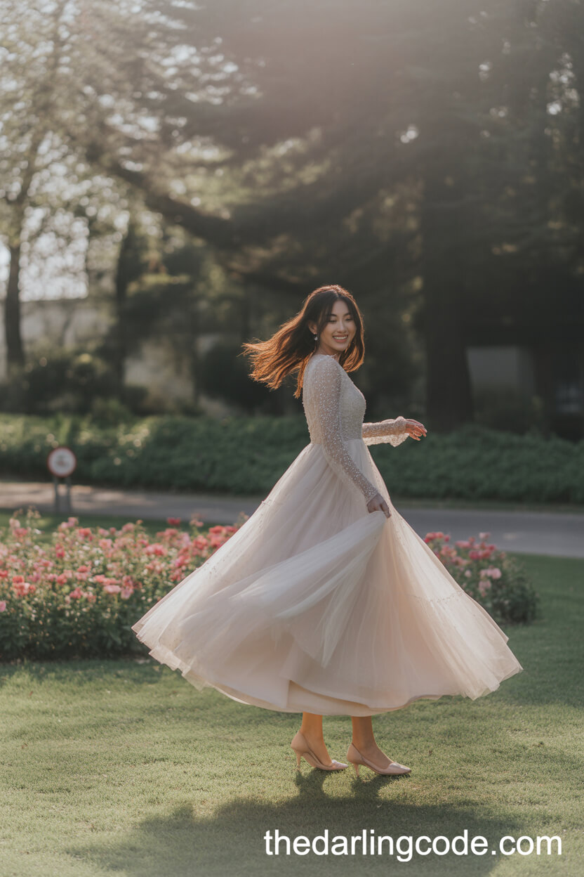Soft Tulle Layered Long Sleeve Wedding Dress