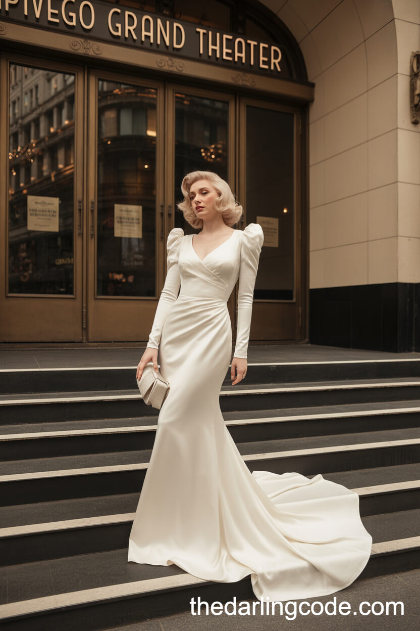 Fitted Satin Structured Shoulder Long Sleeve Wedding Gown