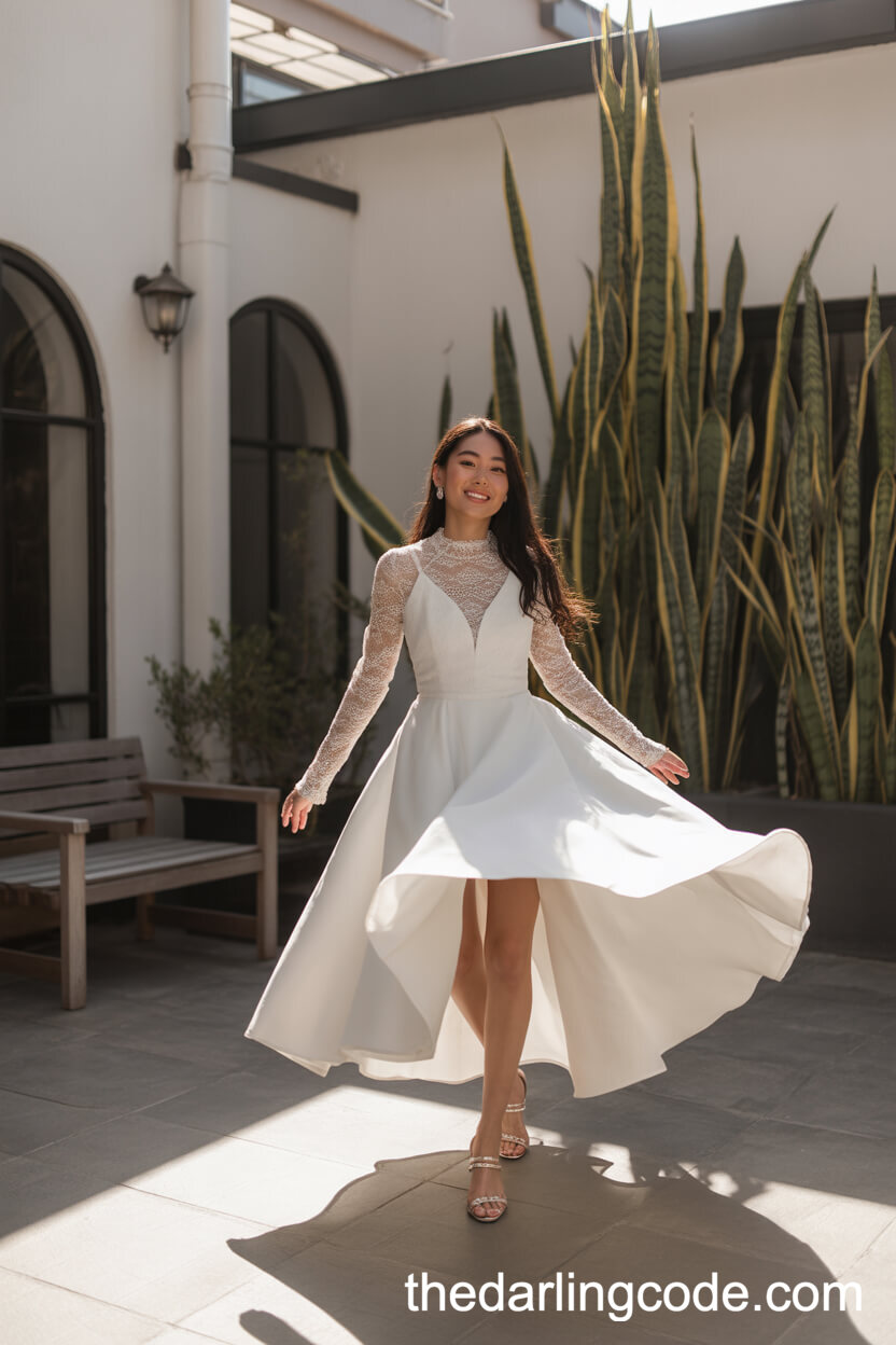 Trendy High-Low Long Sleeve Wedding Dress