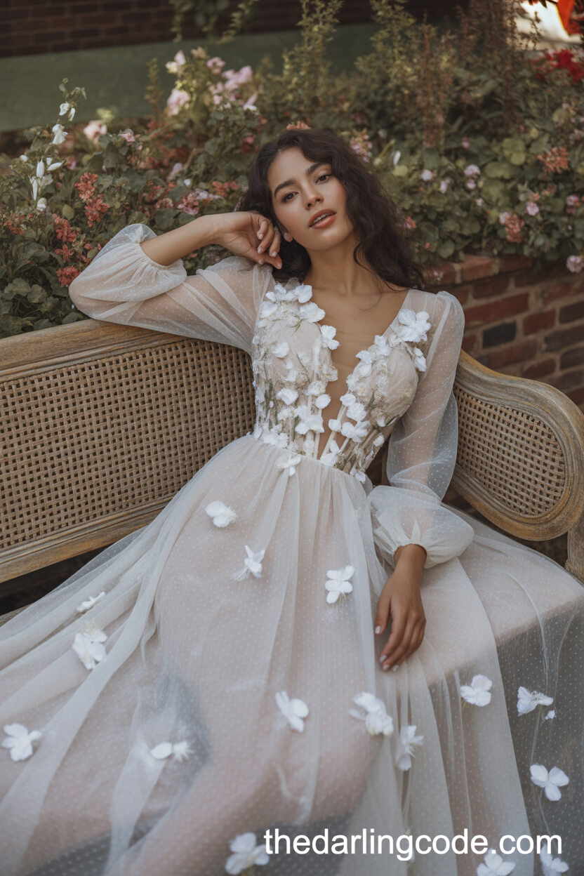Whimsical Floral Appliqué Long Sleeve Wedding Dress