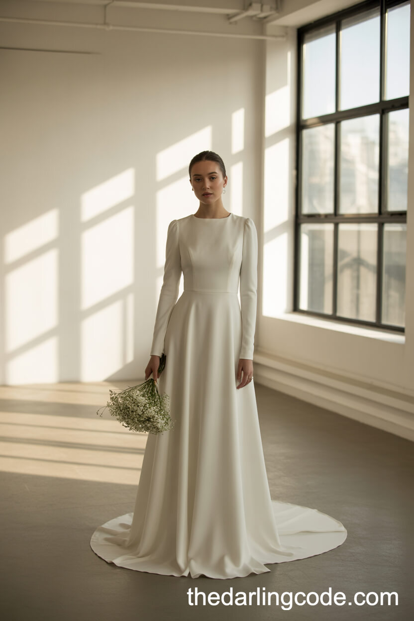 Minimalist High Neck Long Sleeve Wedding Gown