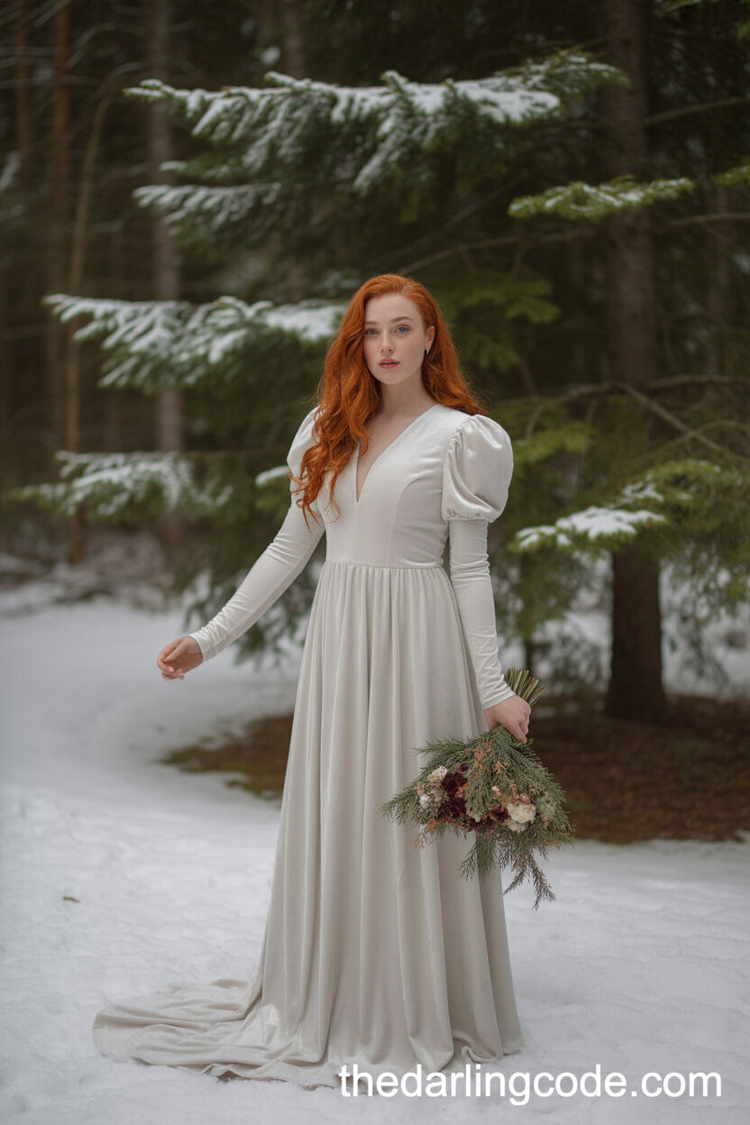 Velvet Long Sleeve Winter Wedding Dress