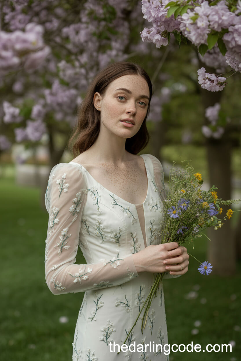 Floral Embroidered Fitted Long Sleeve Wedding Dress