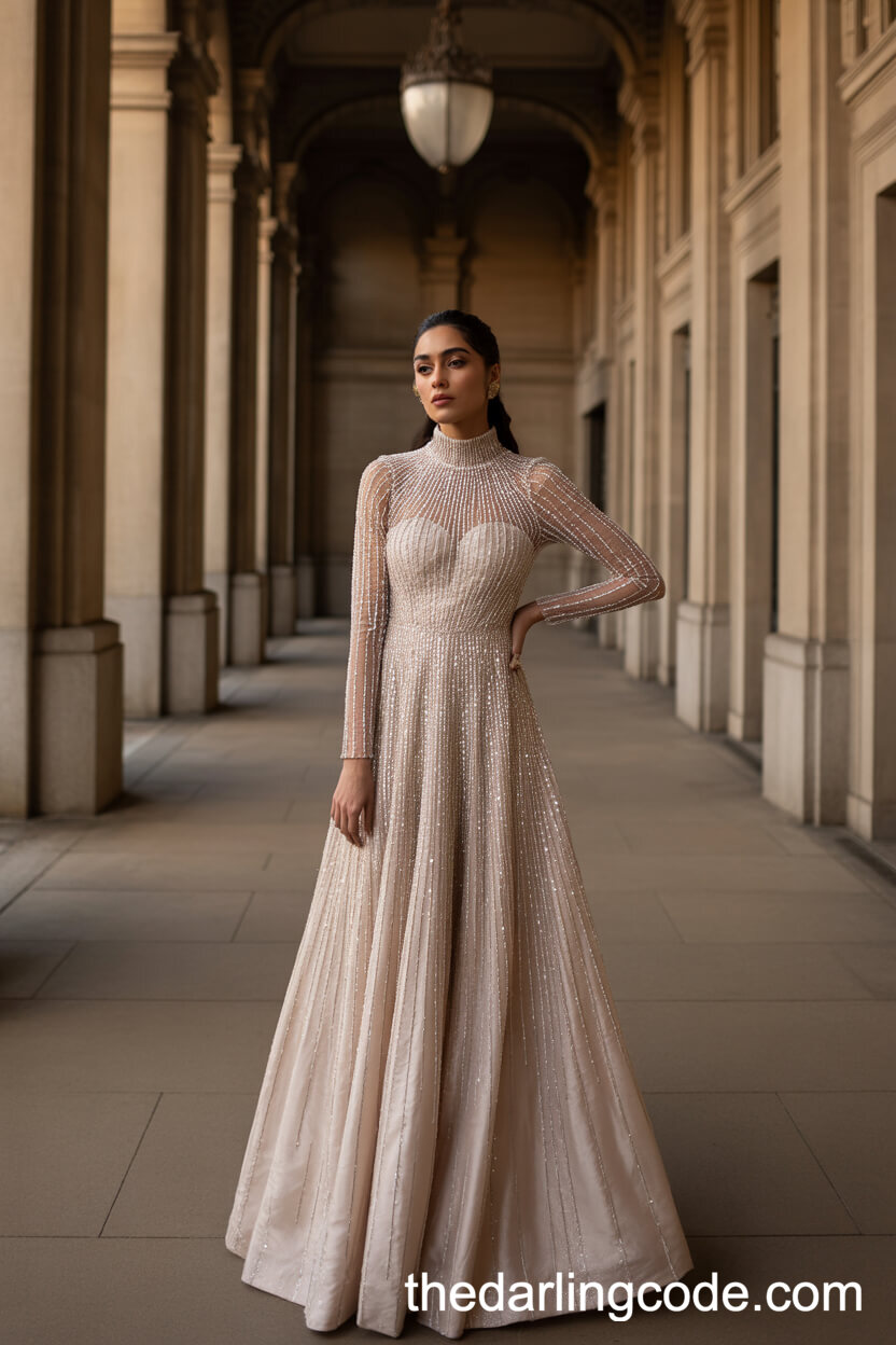 Glamorous Beaded High Neck Long Sleeve Wedding Dress