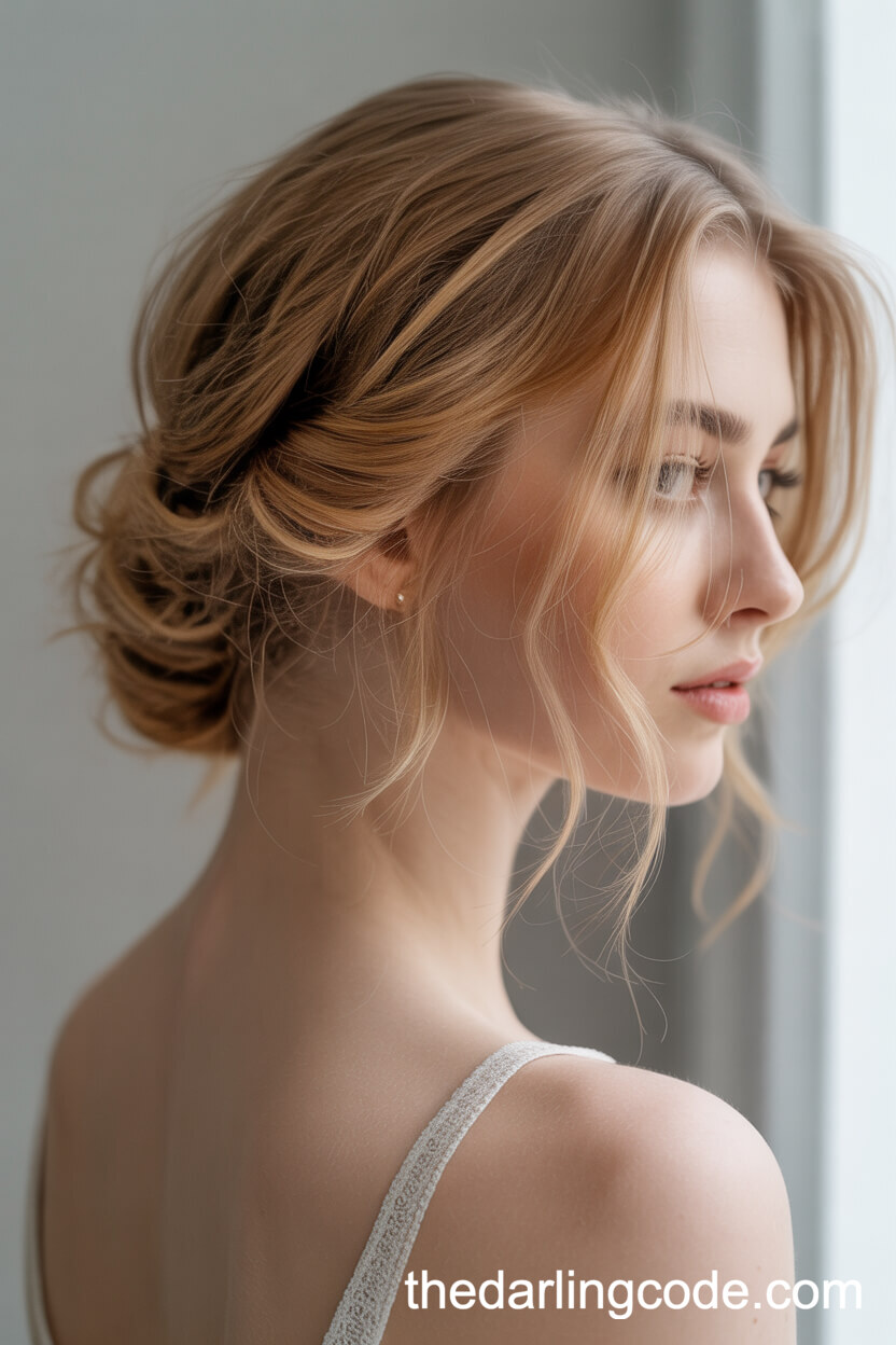 Soft Romantic Low Updo With Wispy Tendrils