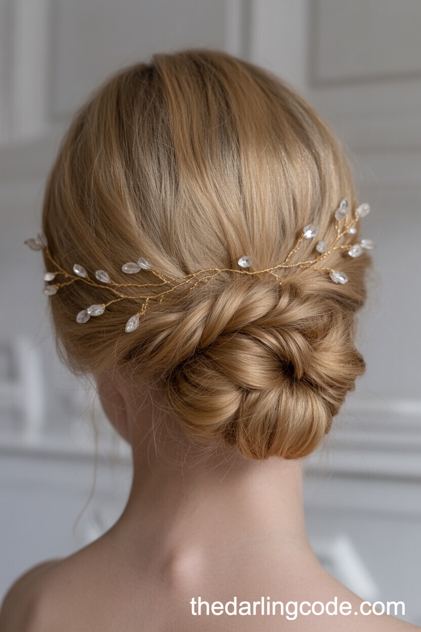 Twisted Low Updo With Gold And Crystal Hair Vine