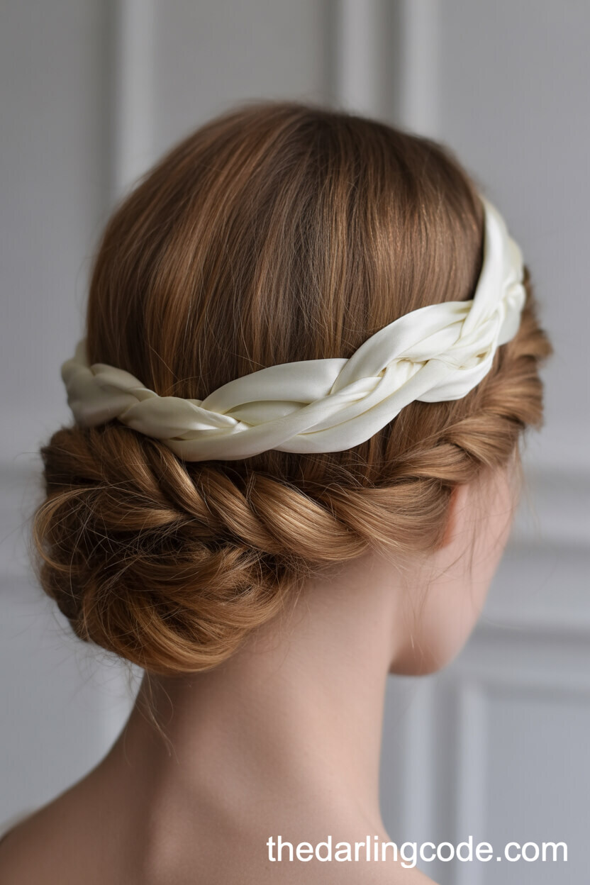 Low Updo Interwoven With Silk Ivory Ribbon