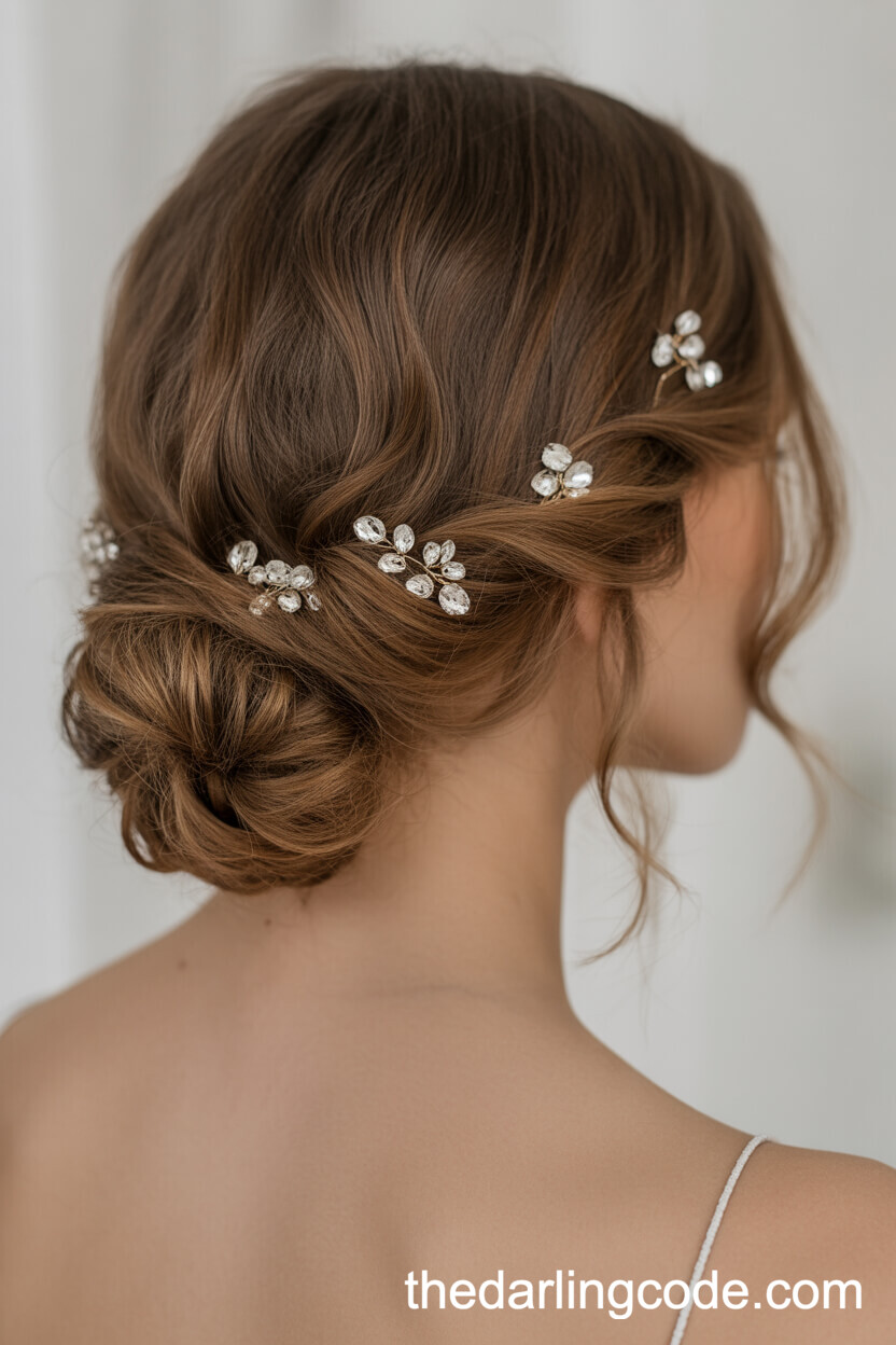 Low Bun With Loosely Curled Hair And Crystal Pins