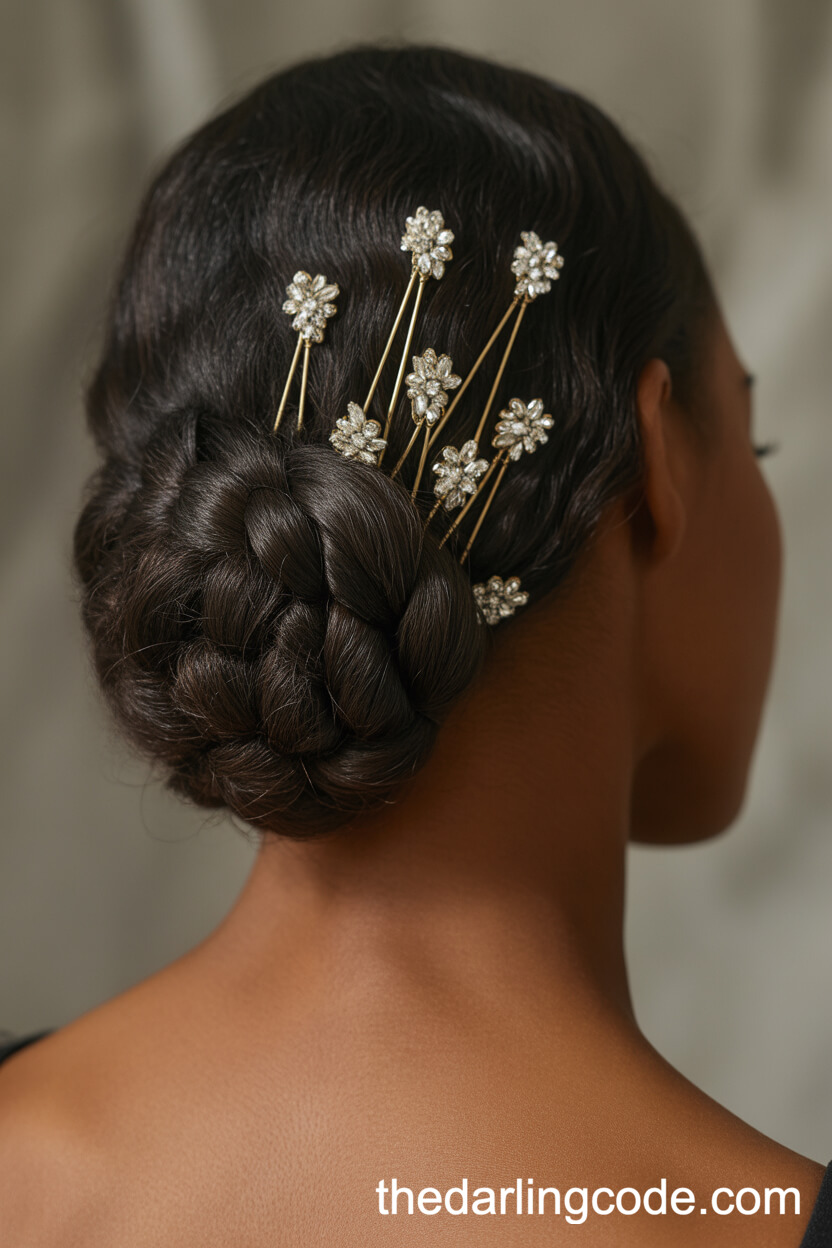 Twisted Low Updo With Jeweled Hairpins