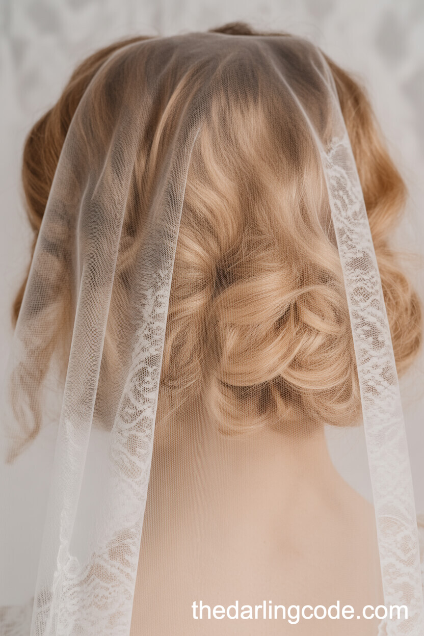 Low Wedding Updo With Soft Waves And Lace Veil