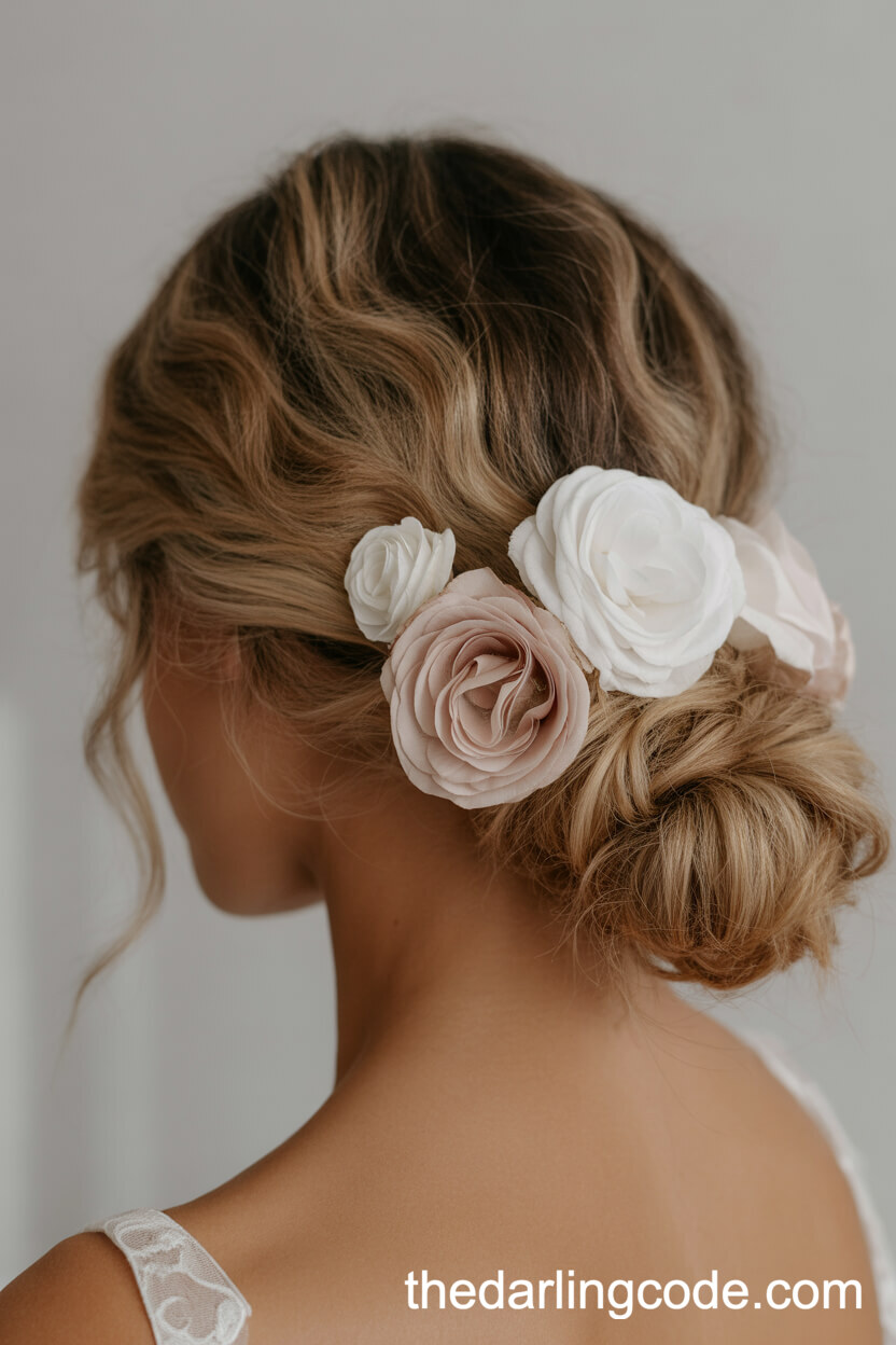 Messy Textured Low Bun With Silk Flowers