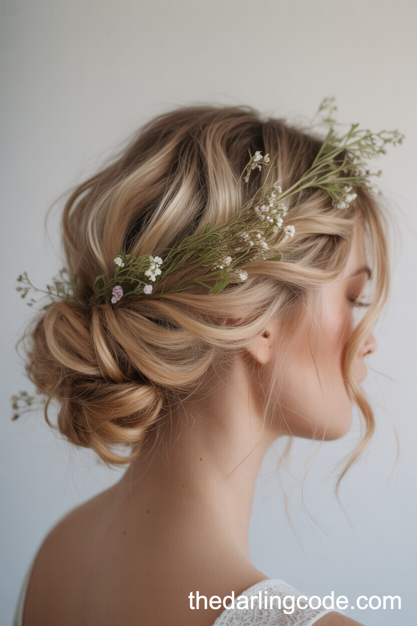 Textured Loose Low Updo With Wildflowers