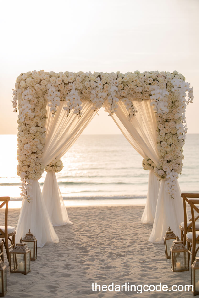 Ornate Sunset Ceremony With A White Floral Archway