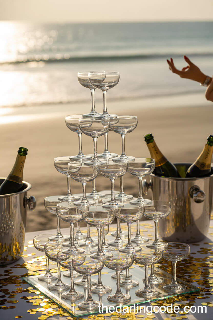 Beach Champagne Tower With Gold Confetti