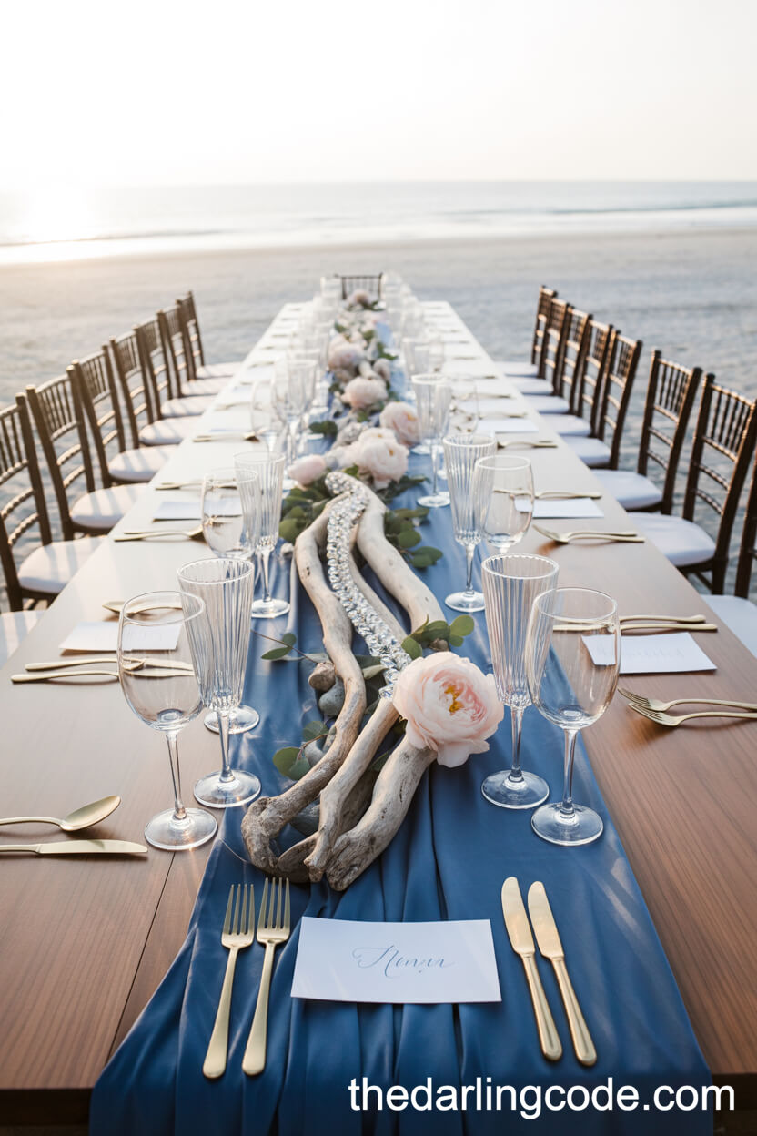 Reception Table With Driftwood Peonies And Crystal Garlands