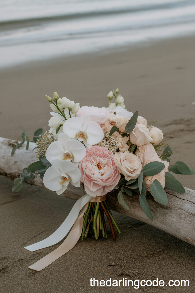 Extravagant Bridal Bouquet On Driftwood At The Shore