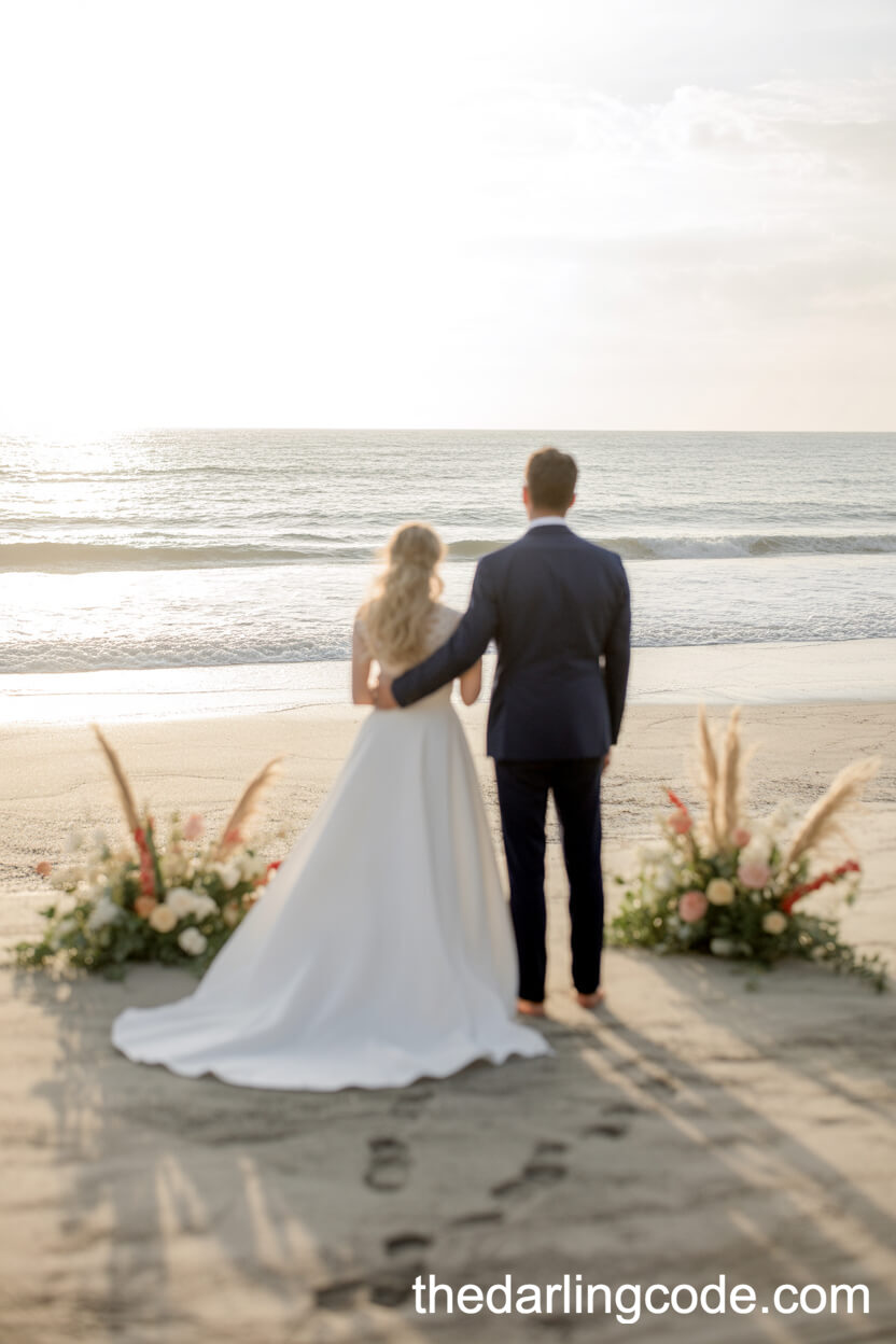 Dreamy First Look By The Surf With Floral Details