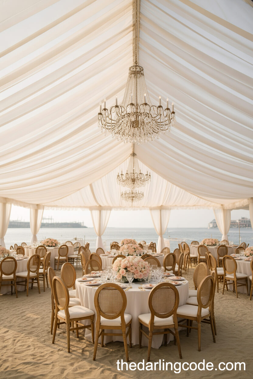 Grand Tent Reception With Chandeliers And Pearl Settings