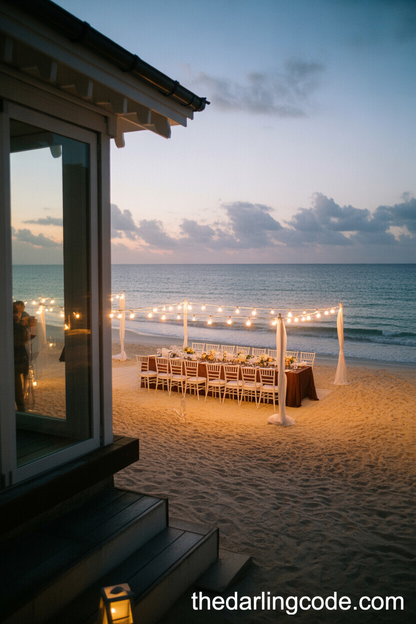 Villa View Of Elegant Festoon-Lit Beach Dinner