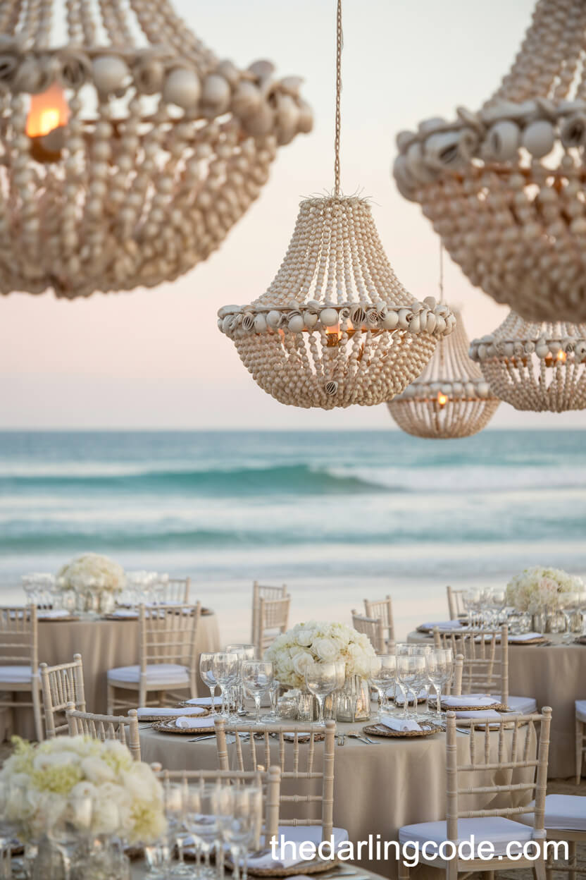 Elegant Reception With Seashell Chandeliers And Pearl Accents