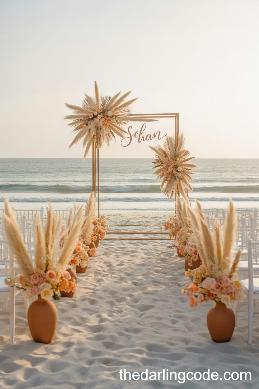Bohemian-Luxury Aisle With Pampas Grass And Macramé