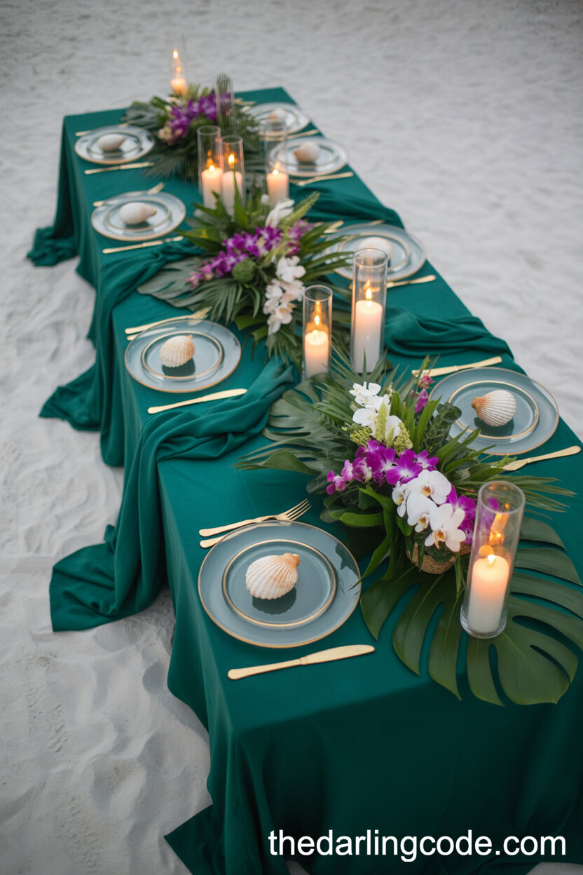 Tropical Dining Table With Emerald Linens And Gold Details