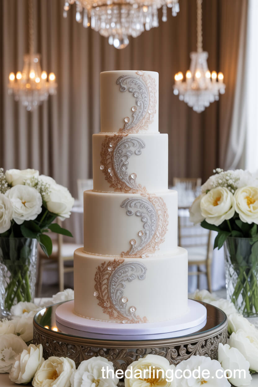 White Fondant Cake with Silver and Gold Filigree Lacework