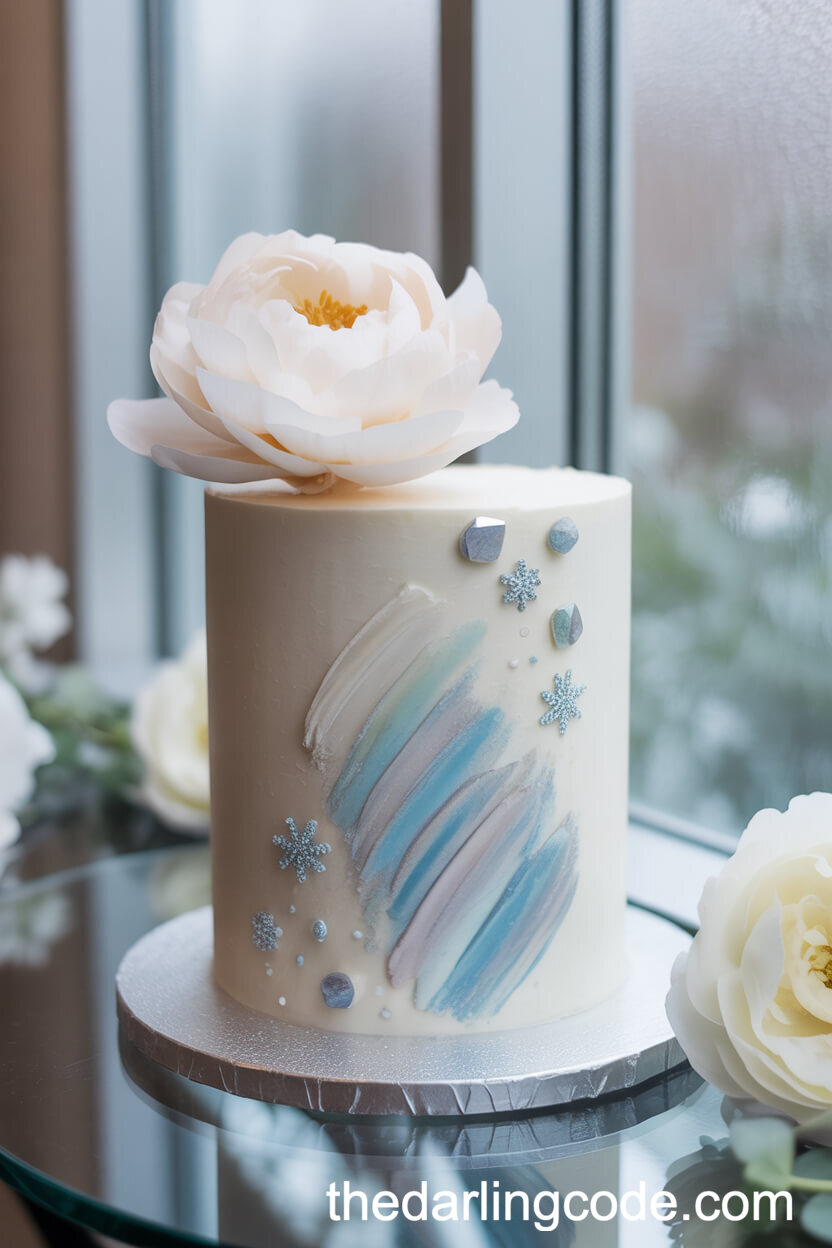Icy Blue and Silver Watercolor Cake with Sugar Gem Accents