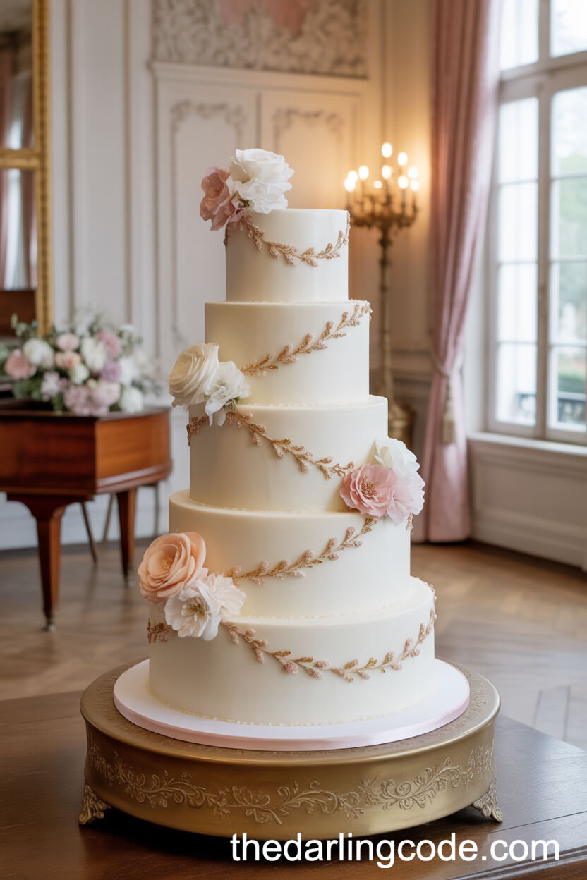 Pale Ivory Cake with Gold Garland Scrolls and Edible Blossoms