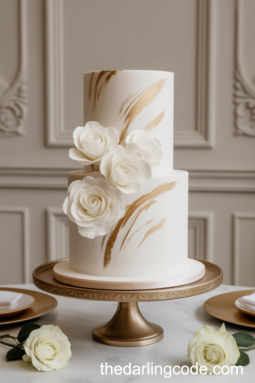 All-White Sculpted Floral Cake with Gold Brushstroke Accents