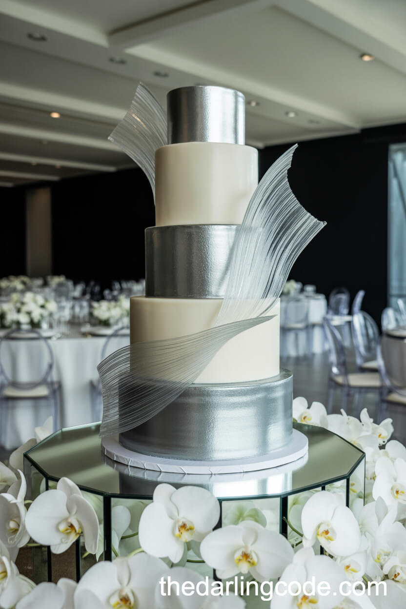 Modern White and Silver Mirror Glaze Cake with Sugar Veils