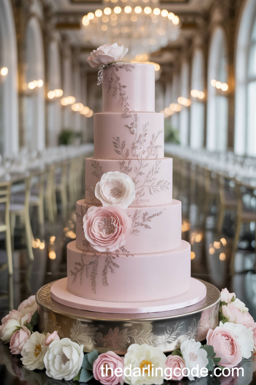 Blush Pink Cake with Silver Piping and Botanical Lace Vines