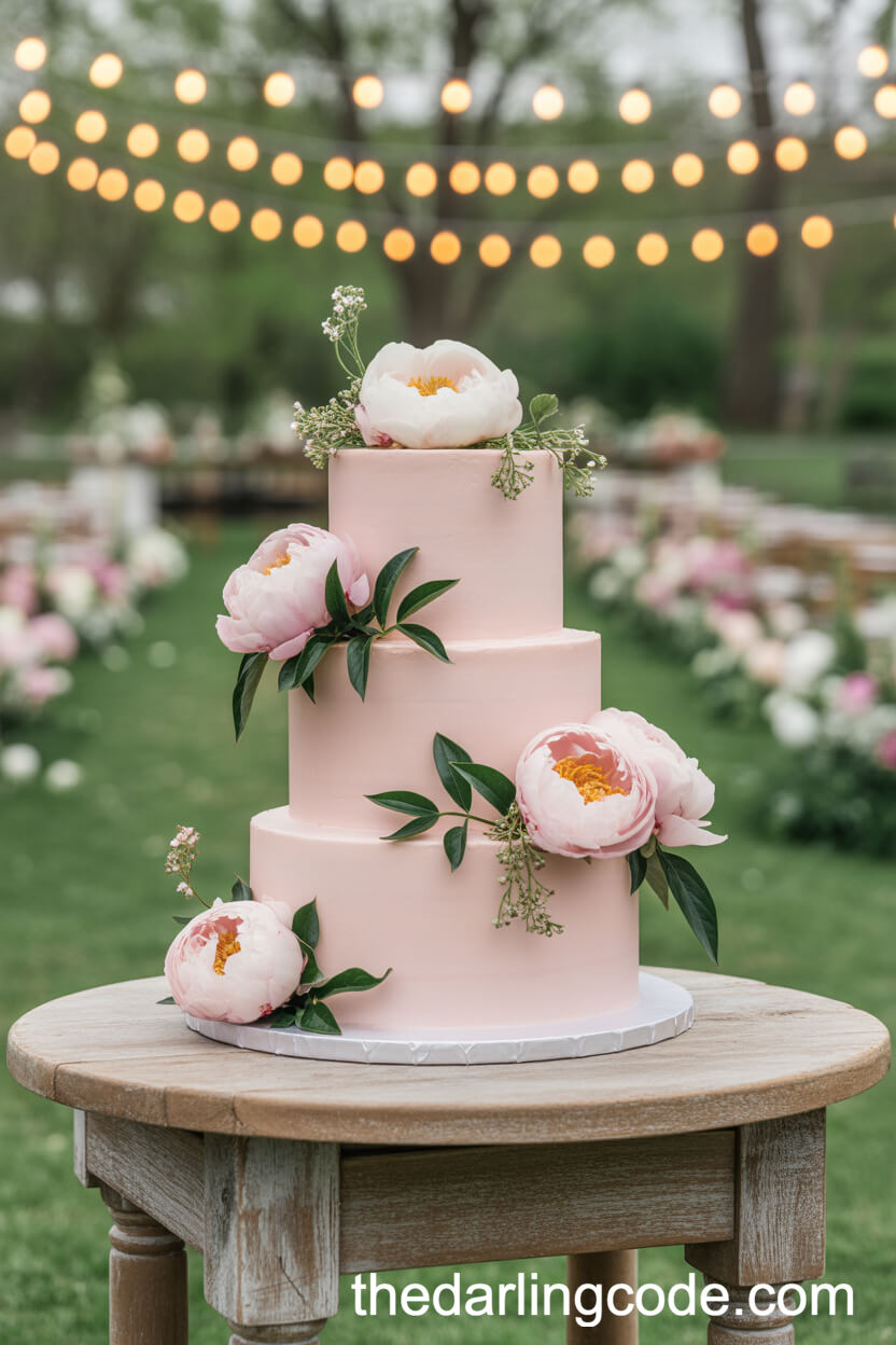 Romantic Blush Pink Cake with Fresh Peonies and Greenery