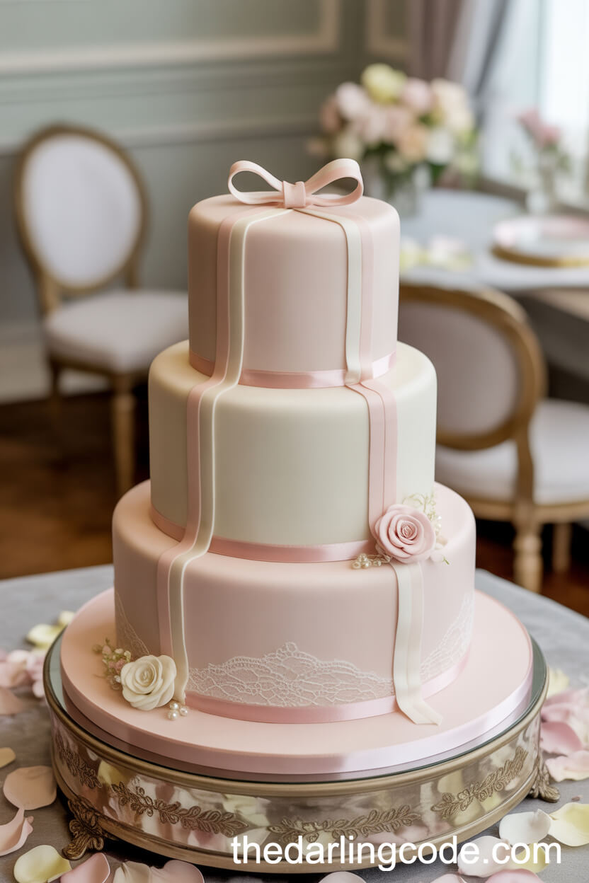 Blush and Ivory Ribbon-Trimmed Cake with Fondant Bows