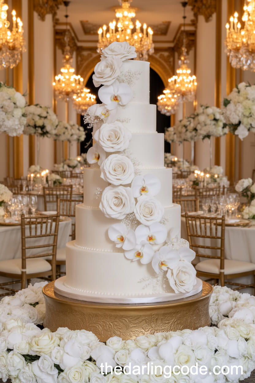 Five-Tier White Cake with Cascading Sugar Roses and Orchids