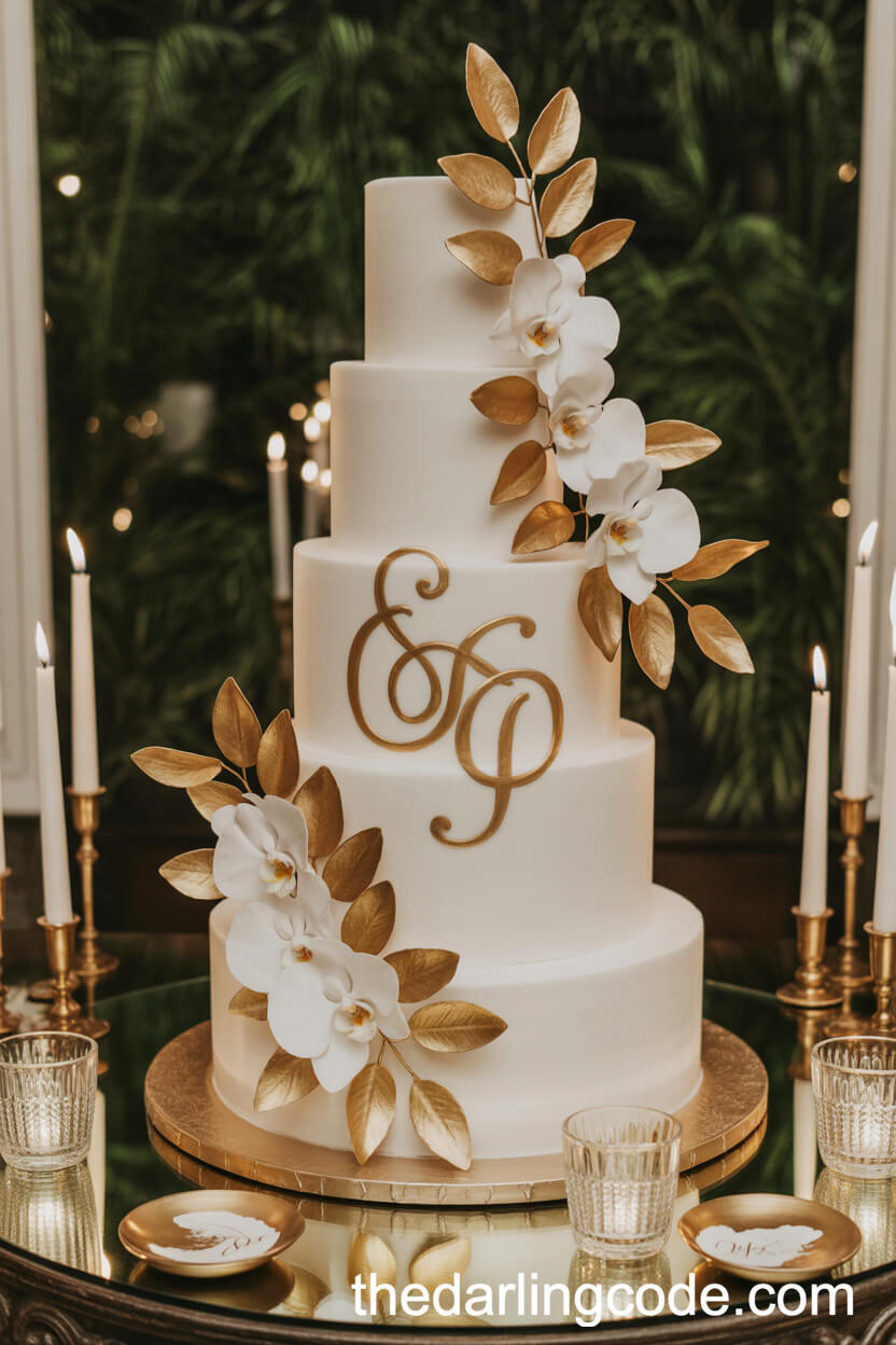 Six-Tier White Cake with 24k Gold Initials and Gold Sugar Leaves